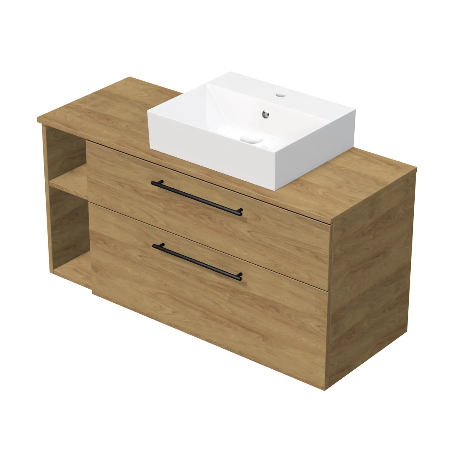 E-shop INTEDOOR Kúpeľ.skriňa+umývadlo BEE, úchyt čierny, 120cm, regál vľavo dub Hickory