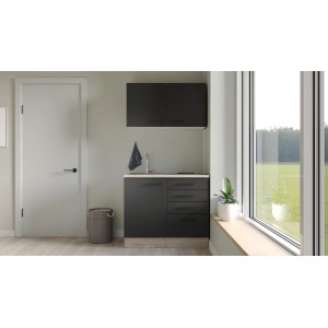 Flex-Well Minikuchyňa Capri, 100 cm, Čierna Matná/Dub: Jednolôžková kuchyňa s drezom a varnou doskou.