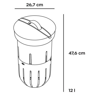 Technický nákres kompostéra s rozmermi 26,7 x 47,6 cm, objem 12 litrov.