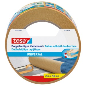 Tesa obojstranná lepiaca páska Universal, 25m x 50mm. Hnedá rolka s tipom na upevnenie kobercov.