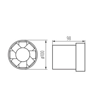 Technický výkres ventilátora t.b.t. s rozmermi.
