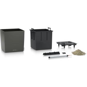 Kvetináč Lechuza Cube Premium 50x50 cm v antracitovej metalíze s príslušenstvom.