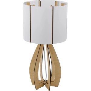 Eglo stolná lampa Cossano, javor/biela, drevená nočná lampa s bielym tienidlom.