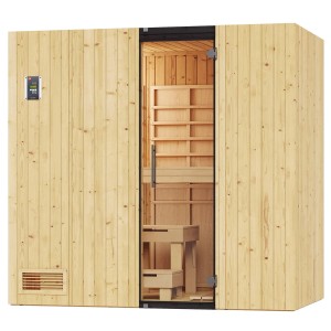 Infračervená sauna Weka Uppsala s plošným žiaričom wekaTherm a kachľami na saunu BioS, vzhľad svetlého dreva.