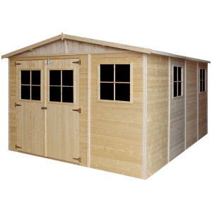 Drevený záhradný domček Timbela M336, 11,97 m², s oknami, bez podlahy. Neošetrené drevo s dvojkrídlovými dverami.