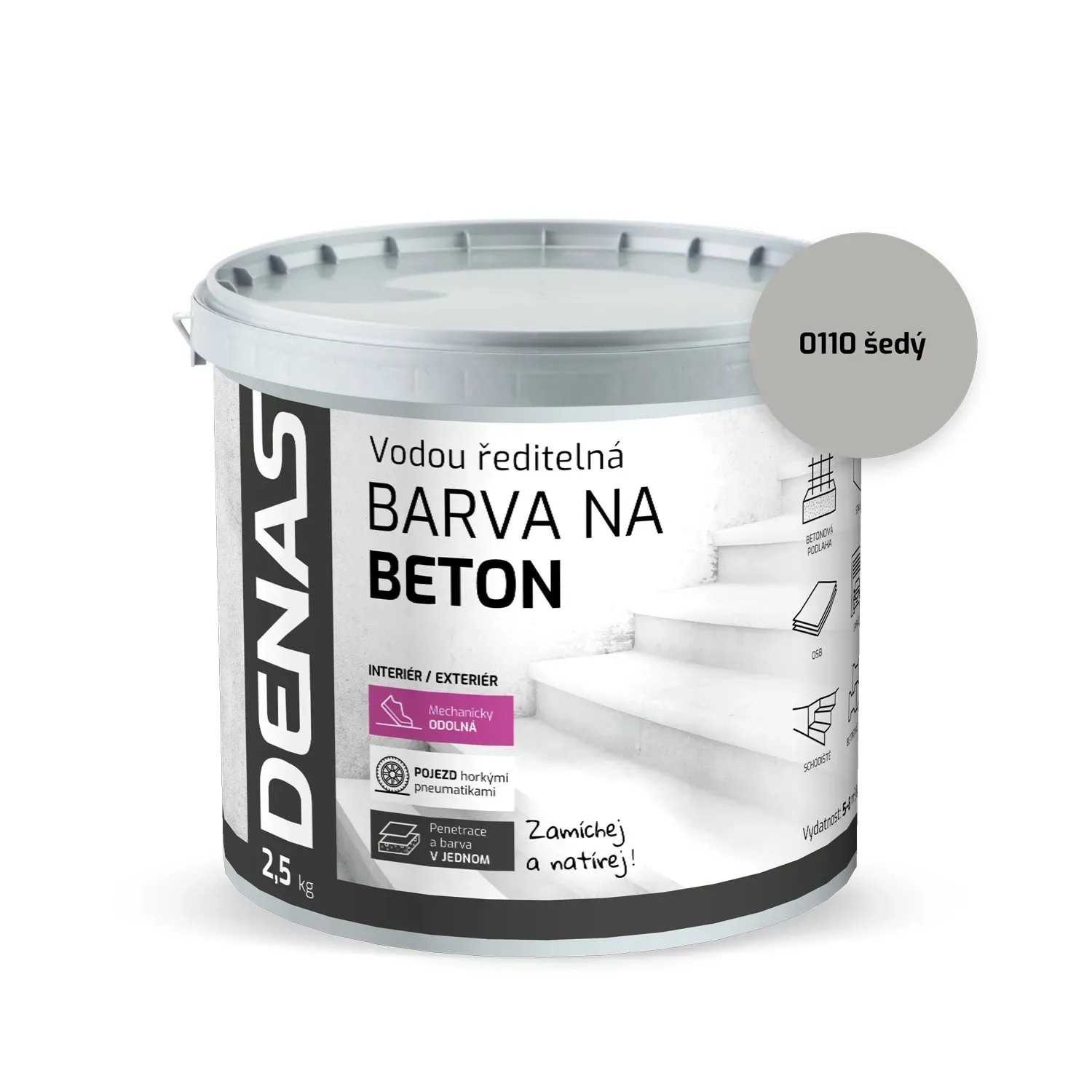 E-shop DENAS Vodou riediteľná farba na betón BETON 0110 sivá 2,5 kg