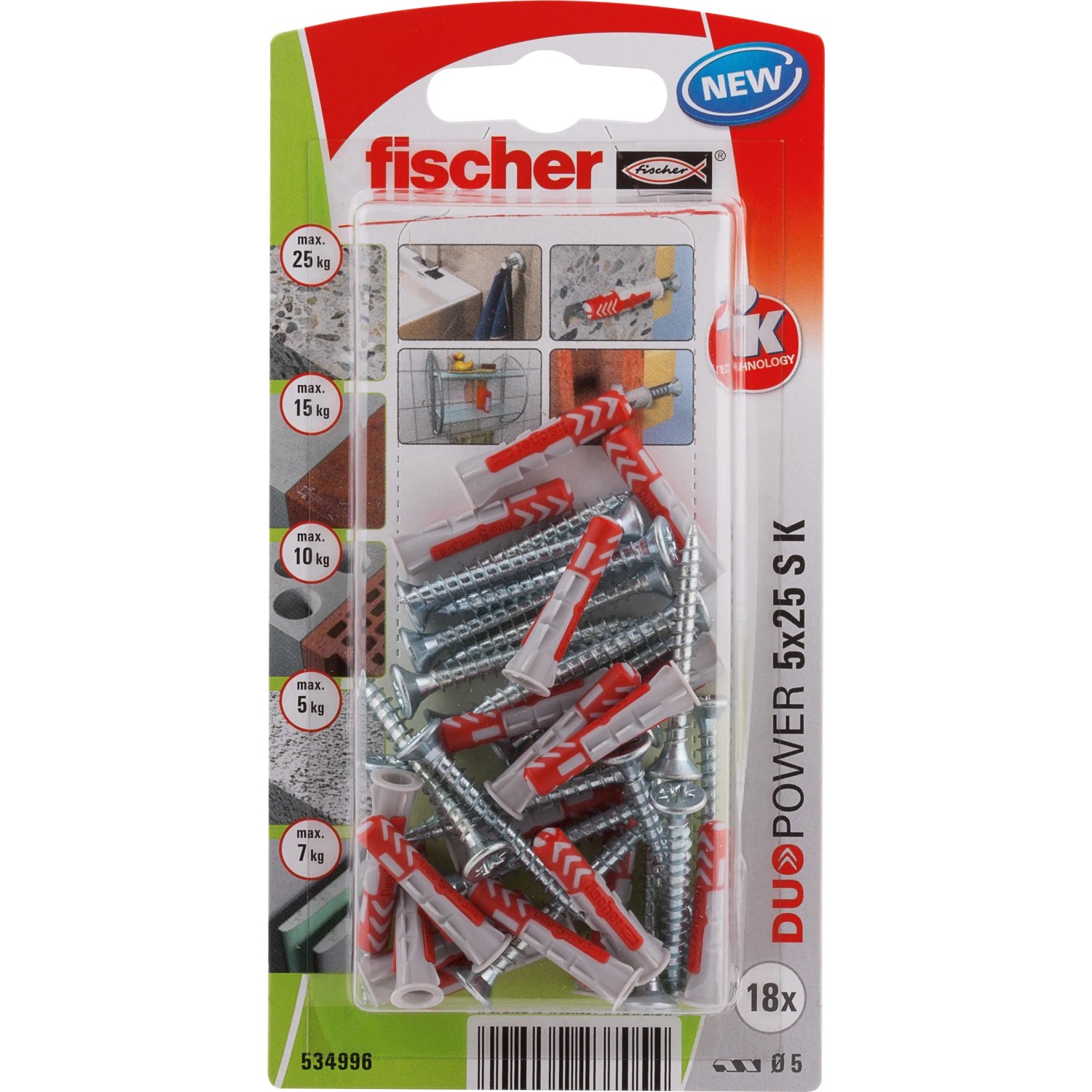 E-shop Fischer Hmoždinka DuoPower 5 x 25 S K NV so skrutkami, 18 ks