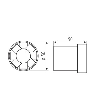 Technický výkres ventilátora s rozmermi (priemer 150 mm, hĺbka 90 mm).