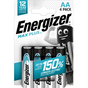 Balenie 4 alkalických batérií Energizer Max Plus AA. Dlhotrvajúca energia pre zariadenia s vysokým odberom.