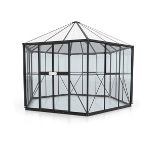 Skleník Vitavia Hera 9000, 9 m², čierny, so základom. Záhradný domček zo skla a polykarbonátu.