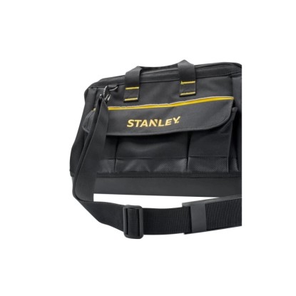 Čierna taška na náradie Stanley s popruhom cez rameno pre remeselníkov.