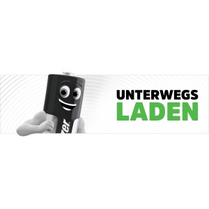 Mini nabíjačka Energizer s figúrkou batérie a nápisom "Nabíjanie na cestách".