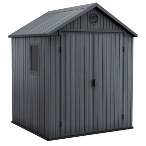 Sivý plastový záhradný domček s dvojitými dverami a oknom.