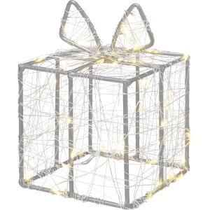 LED drôtená figúrka darček, 10x14cm, pre vonkajšiu vianočnú dekoráciu s teplými bielymi svetlami.