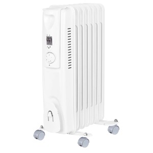 Biely olejový radiátor Karup 1 500 W s kolieskami, termostatom a nastavením kúrenia pre elektrické ohrievače.
