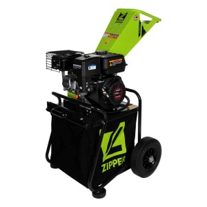 Zeleno-čierny benzínový drvič Zipper ZI-HAEK2120 s motorom 4,1 kW, zberným vakom a podvozkom.