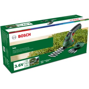 Sada akumulátorových nožníc na trávu a kríky Bosch Isio, vrátane nožov v krabici.