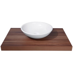 Okrúhle biele keramické umývadlo na dosku (Ø 42 cm) na drevenej doske.