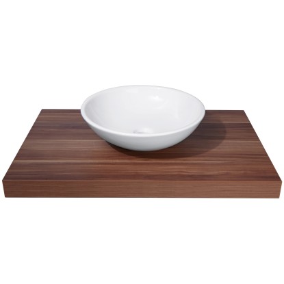 Okrúhle biele keramické umývadlo na dosku (Ø 42 cm) na drevenej doske.