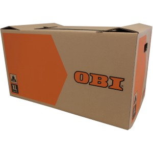 Sťahovacia krabica OBI XL, 126 l, hnedá s oranžovou potlačou a držadlami.