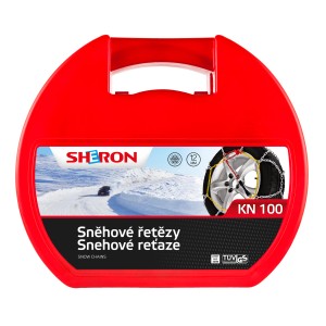 Snehové reťaze v červenom úložnom kufríku. Ochrana proti ľadu a snehu.