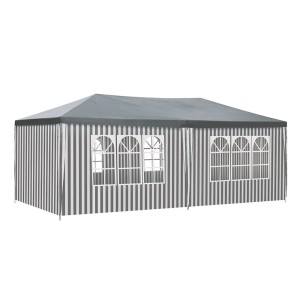 Sivo-biely pruhovaný párty stan/záhradný pavilón s oknami.