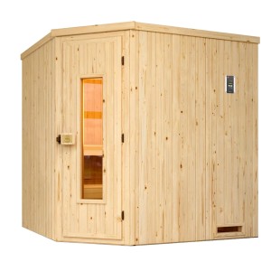Weka rohová sauna Varberg 2 s drevenými dverami a kombinovanými kachlami.