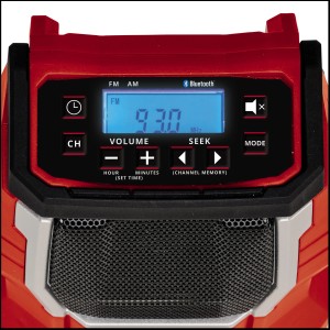 Einhell TC-RA 18 Li BT Solo akumulátorové rádio: Červené rádio s displejom a ovládacími prvkami.