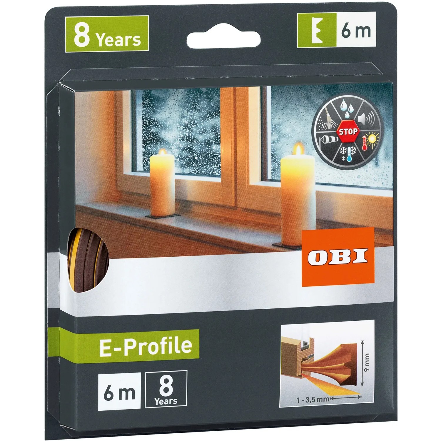 E-shop OBI Gumové tesnenie okien a dverí E-profil, hnedá, 6 m x 9 mm x 4 mm
