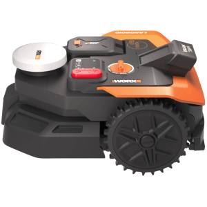 Robotická kosačka Worx M650 WR365E Landroid Vision Cloud, pohľad zhora. Čierny a oranžový robot na trávu.