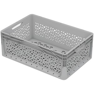 Sivý Eurobox-System Box 60x40x22 cm, perforované steny, súčasť modulárneho úložného systému.