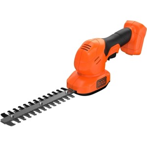 Akumulátorové nožnice na trávu a kríky Black+Decker, oranžovo-čierne.