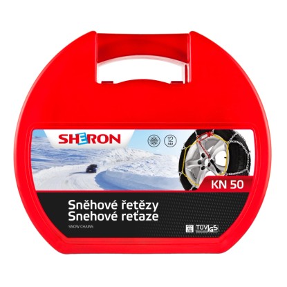 Snehové reťaze v červenom kufríku. Vhodné pre zimu a ochranu proti mrazu.