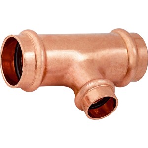 Medený lisovací redukovaný T-kus, 28 mm x 15 mm x 28 mm pre inštalácie medených rúrok.