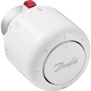 Termostatická hlavica Danfoss RA/VL pre inštaláciu kúrenia, biele prevedenie s červeným tlačidlom ochrany proti mrazu.