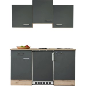 Flex-Well Morena Single Kitchen, 150 cm, Basalt Grey/San Remo Oak: Mini kuchynka s chladničkou a 2platničkovou varnou doskou.