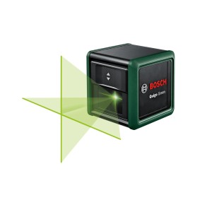 Krížový laser Bosch Quigo Green so zelenými laserovými líniami na vyrovnanie.