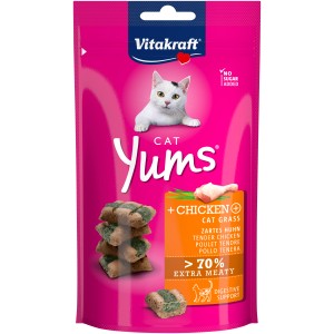 Vitakraft Cat Yums Kuracie & Mačacia tráva, šťavnaté maškrty pre mačky v ružovom vrecku.