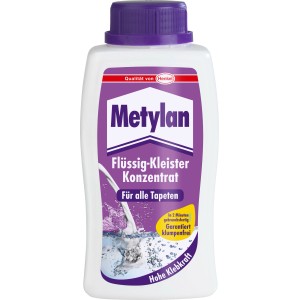 Fľaša tekutého koncentrátu lepidla na tapety Metylan, vhodné pre všetky tapety.