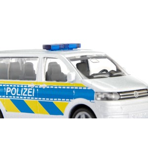 Hračka policajné auto, strieborné s modrými pruhmi a majákmi, pre zábavu a hry.
