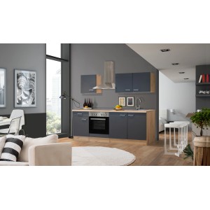Flex-Well Kuchynská linka Morena, 210 cm, Basalt Grey/San Remo Oak: Vstavaná kuchyňa so spotrebičmi a dostatkom úložného priestoru.