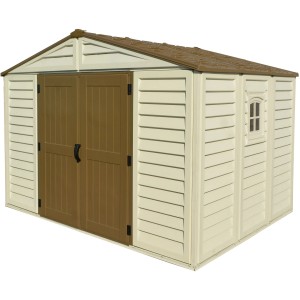 Plastový záhradný domček Duramax WoodBridge Plus 7,6 m² s dvojkrídlovými dverami a oknom.