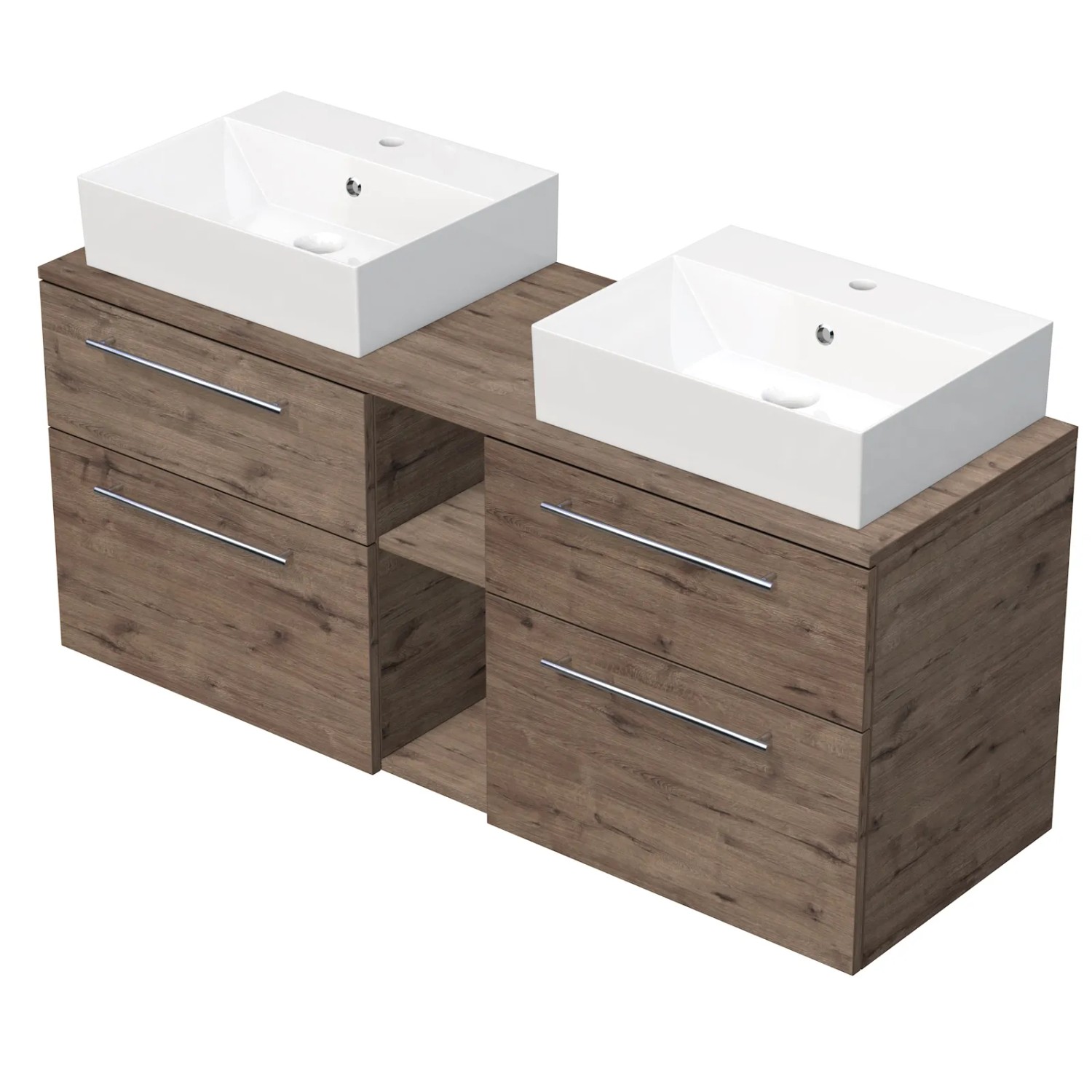 E-shop INTEDOOR Skriňa+2umývadlá BEE, úchyt chróm, š.140cm, regál stred, dub Wellington