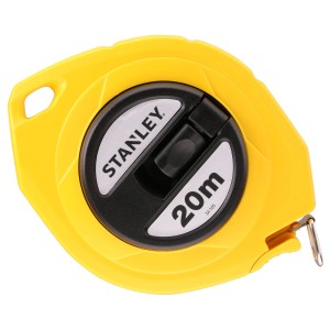 Žltý oceľový zvinovací meter Stanley, dĺžka 20 m, pre presné merania.