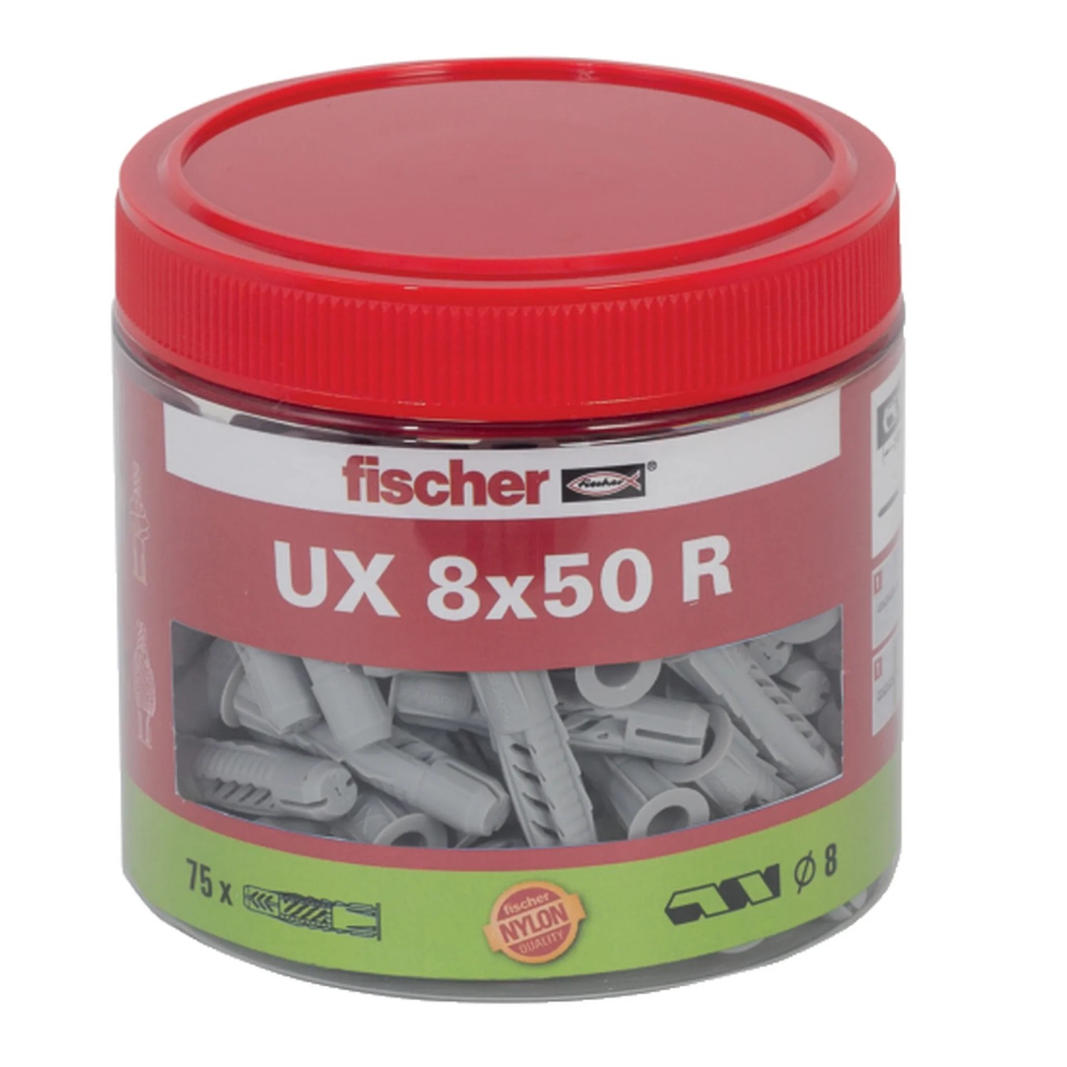 E-shop Fischer Univerzálne uzlovacie hmoždinky UX 8 x 50 R v dóze, 75 ks