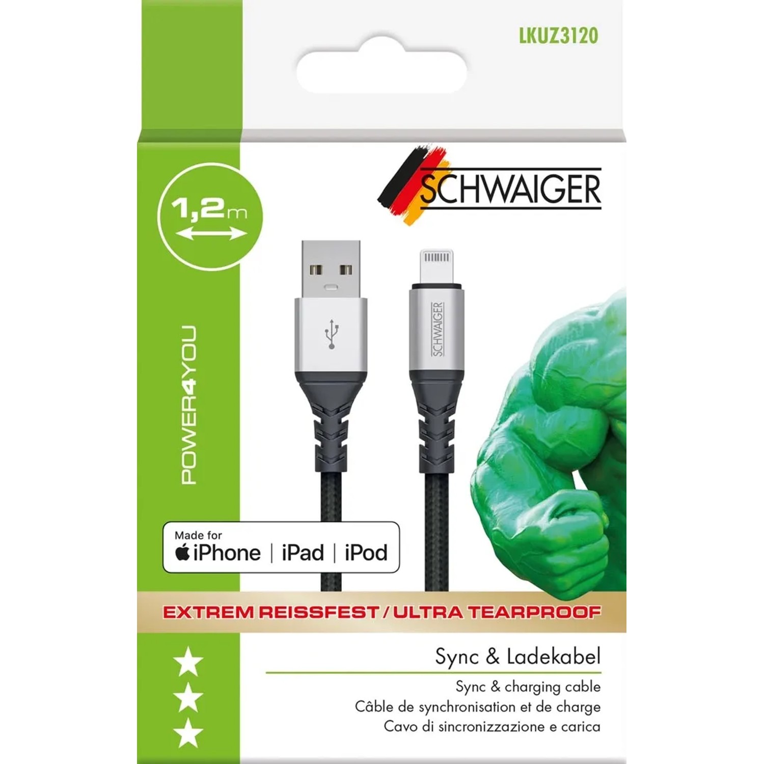 E-shop Schwaiger Nezničiteľný synchronizačný a nabíjací kábel USB-A/Lightning, 1,2 m
