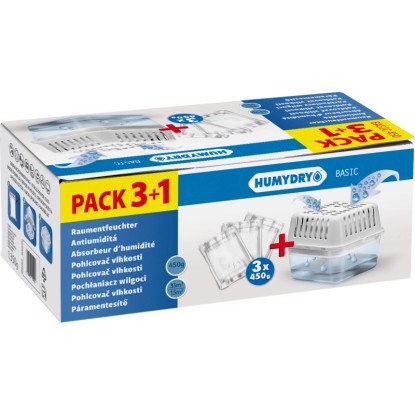 Humydry Odvlhčovač vzduchu Basic Set, 4-dielny: Odvlhčovač so 3 náhradnými náplňami proti vlhkosti.