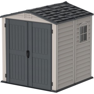 Duramax StoreMate Plus plastový záhradný domček, sivý domček na náradie s dvojitými dverami a oknom.