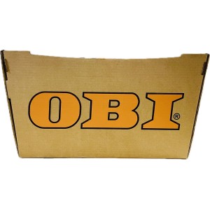 Hnedá kartónová krabica OBI Skladovací boxy s oranžovým logom.