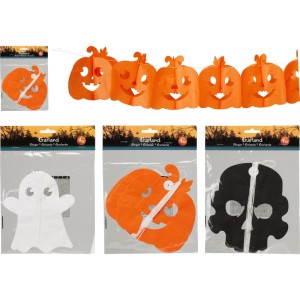 Halloweenska papierová girlanda, 400 cm, s motívmi tekvice, ducha a lebky. Ideálna na party dekoráciu.